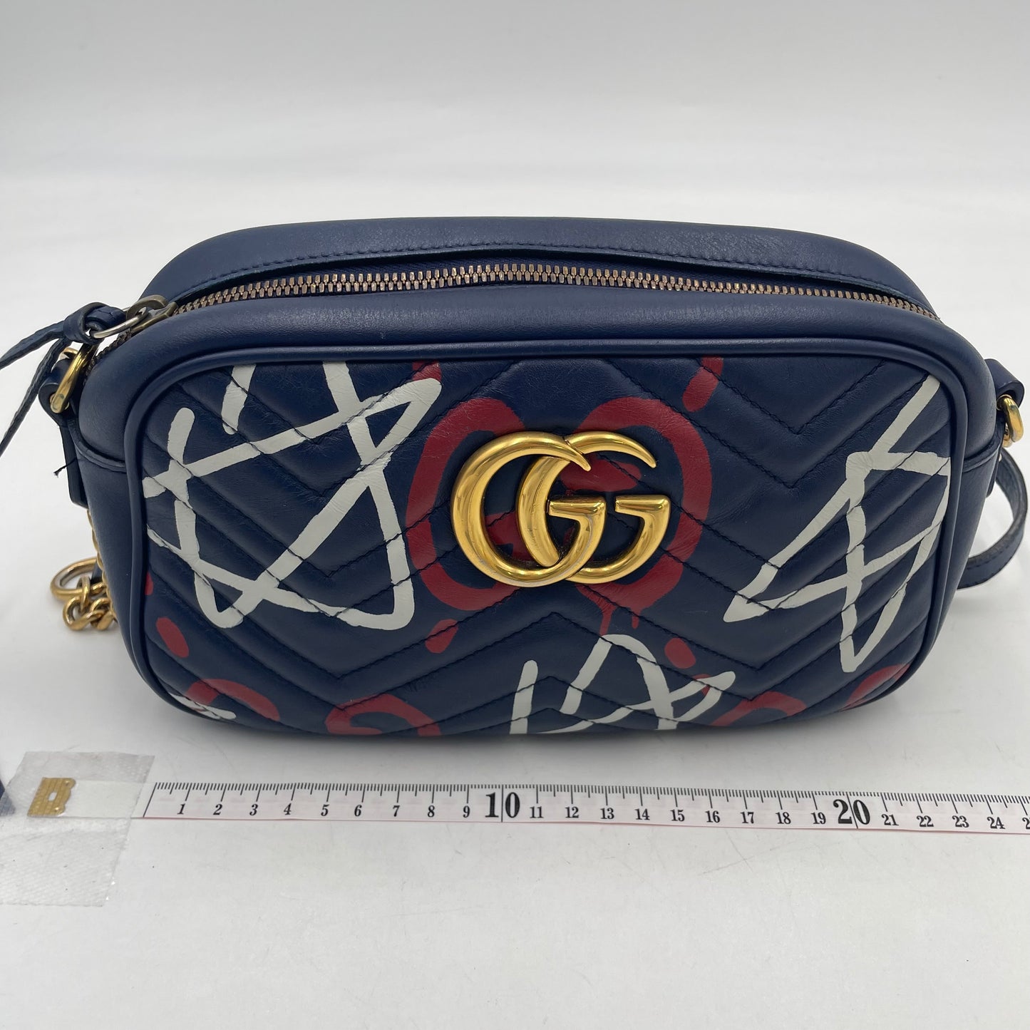 GUCCI GG Marmont Graffiti Print Camera Bag Blue Leather