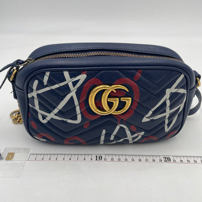 GUCCI GG Marmont Graffiti Print Camera Bag Blue Leather