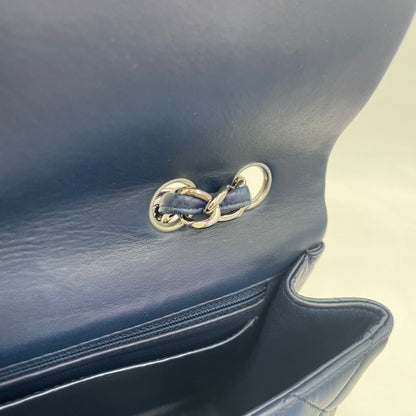 CHANEL Navy Blue Lambskin Single Flap Bag with Silver Hardware