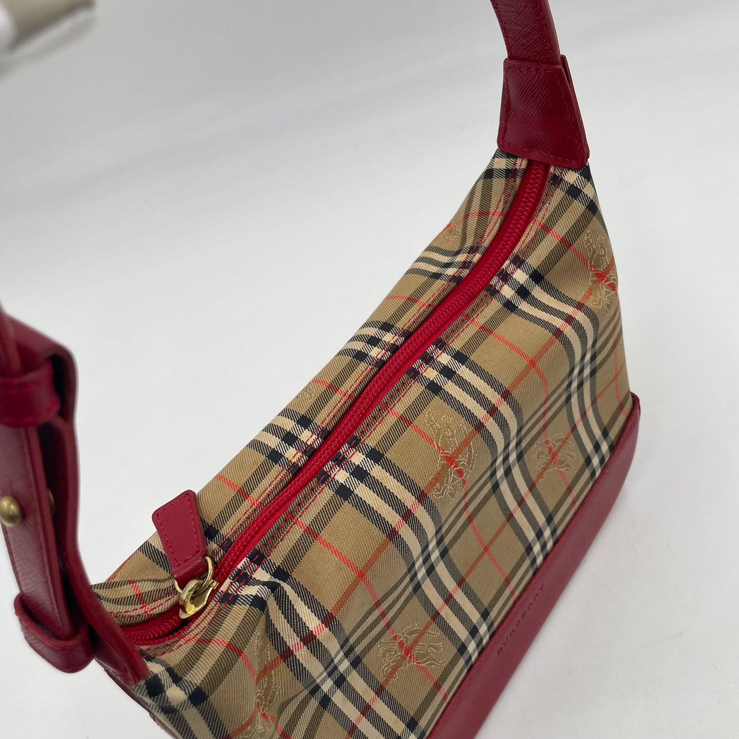 BURBERRY Nova Check Mini Shoulder Bag Red Leather Trim
