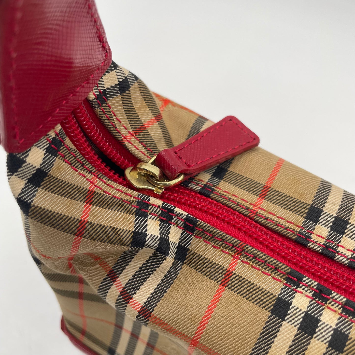 BURBERRY Nova Check Mini Shoulder Bag Red Leather Trim
