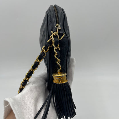 CHANEL Vintage Quilted Lambskin Round Tassel Chain Crossbody Bag Black