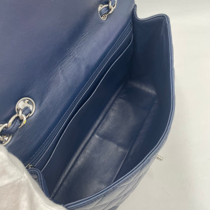 CHANEL Navy Blue Lambskin Single Flap Bag with Silver Hardware