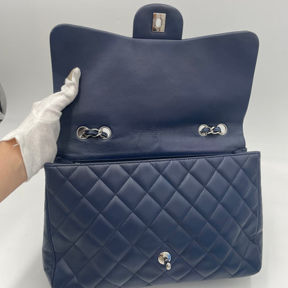 CHANEL Navy Blue Lambskin Single Flap Bag with Silver Hardware