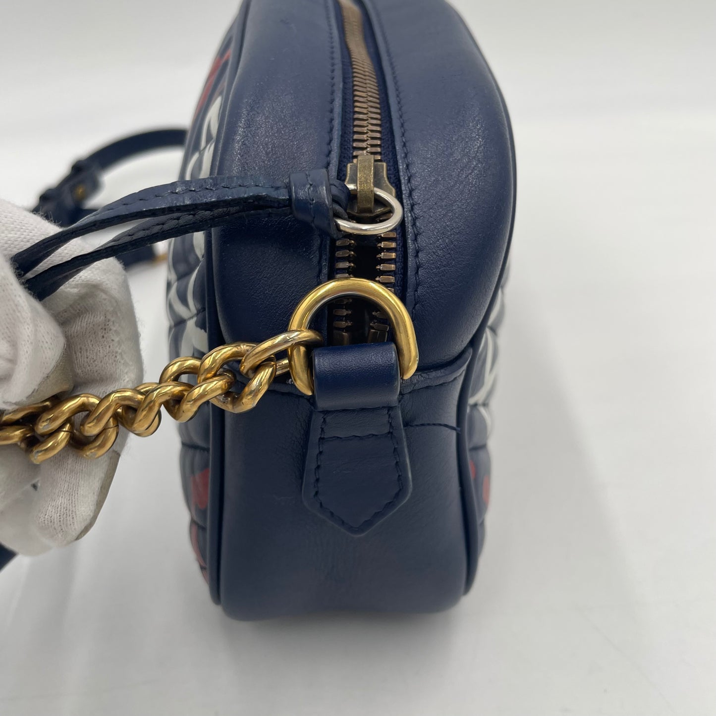 GUCCI GG Marmont Graffiti Print Camera Bag Blue Leather