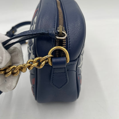 GUCCI GG Marmont Graffiti Print Camera Bag Blue Leather