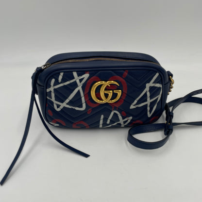 GUCCI GG Marmont Graffiti Print Camera Bag Blue Leather