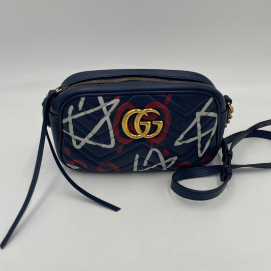GUCCI GG Marmont Graffiti Print Camera Bag Blue Leather