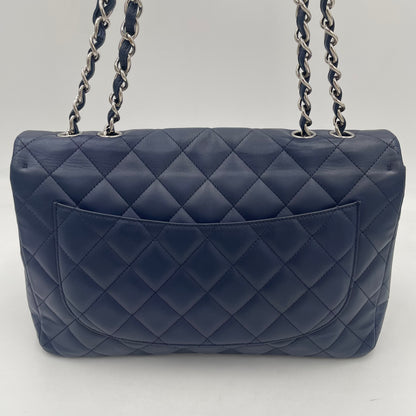 CHANEL Navy Blue Lambskin Single Flap Bag with Silver Hardware