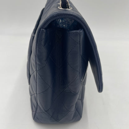 CHANEL Navy Blue Lambskin Single Flap Bag with Silver Hardware
