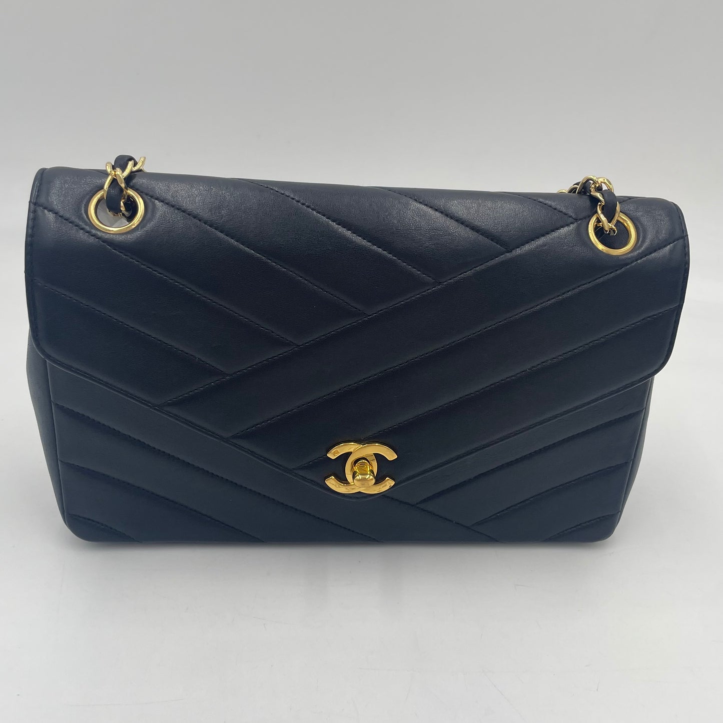 CHANEL V-Stitch Lambskin Flap Chain Shoulder Bag  with Gold Hardware