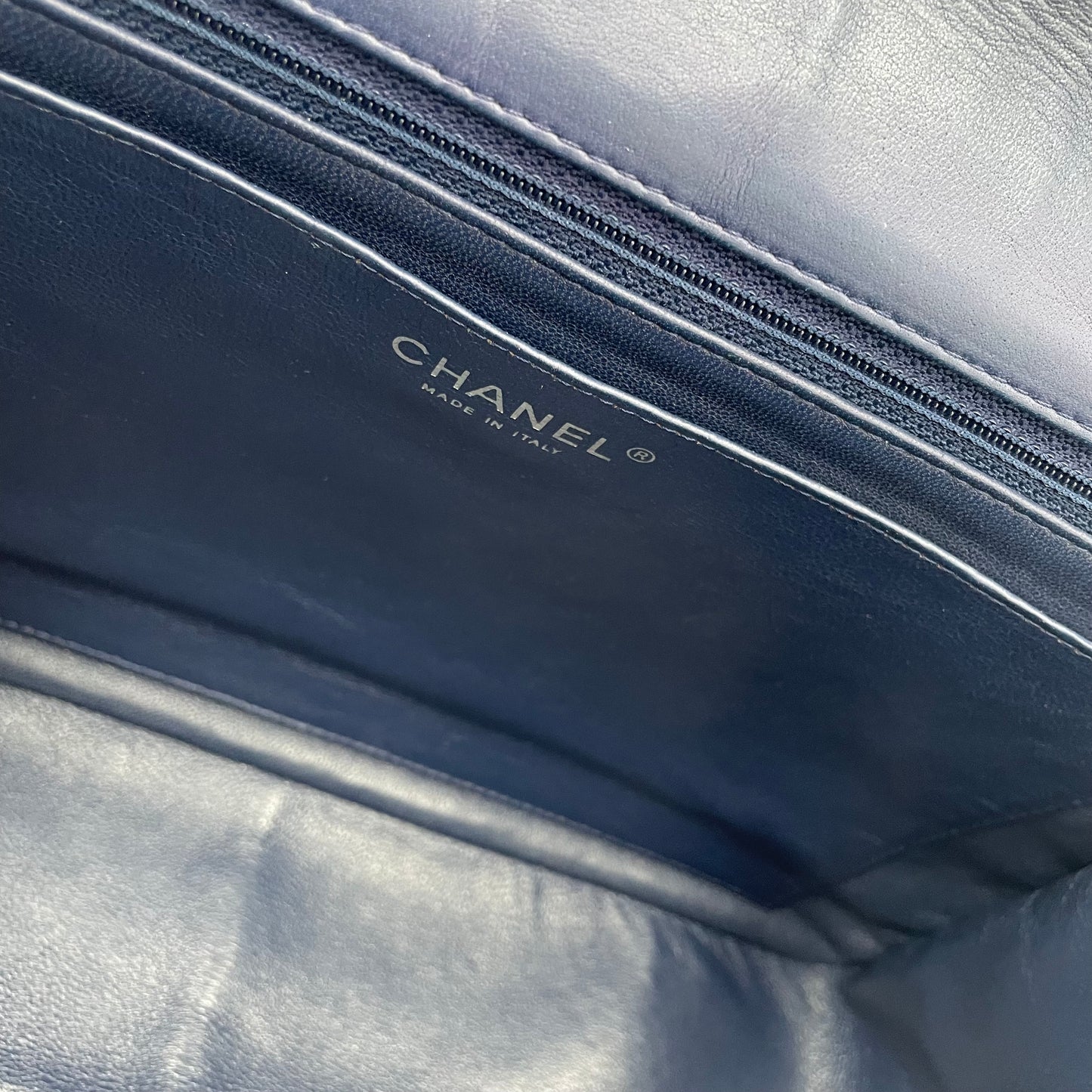 CHANEL Navy Blue Lambskin Single Flap Bag with Silver Hardware