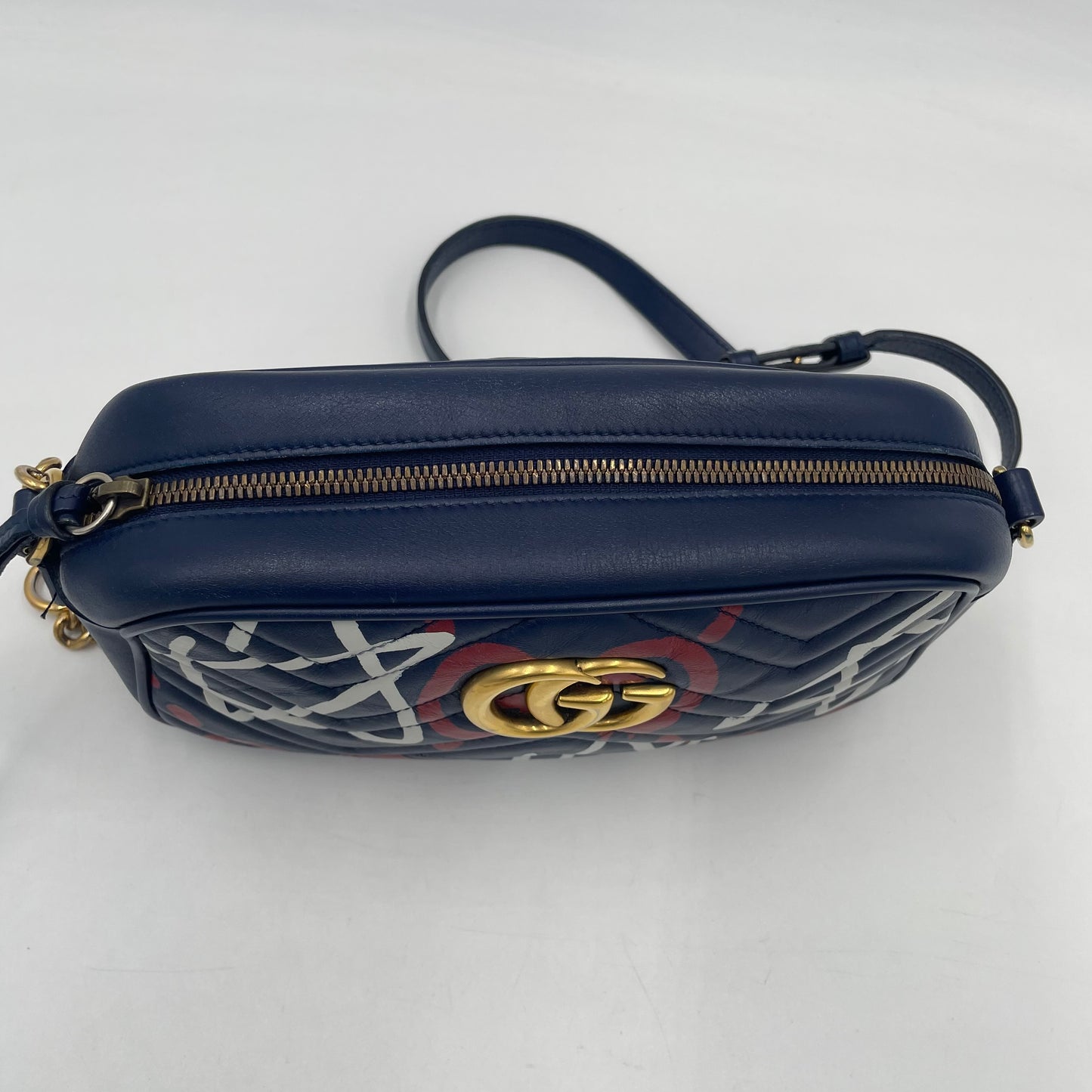 GUCCI GG Marmont Graffiti Print Camera Bag Blue Leather