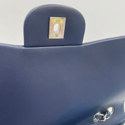 CHANEL Navy Blue Lambskin Single Flap Bag with Silver Hardware