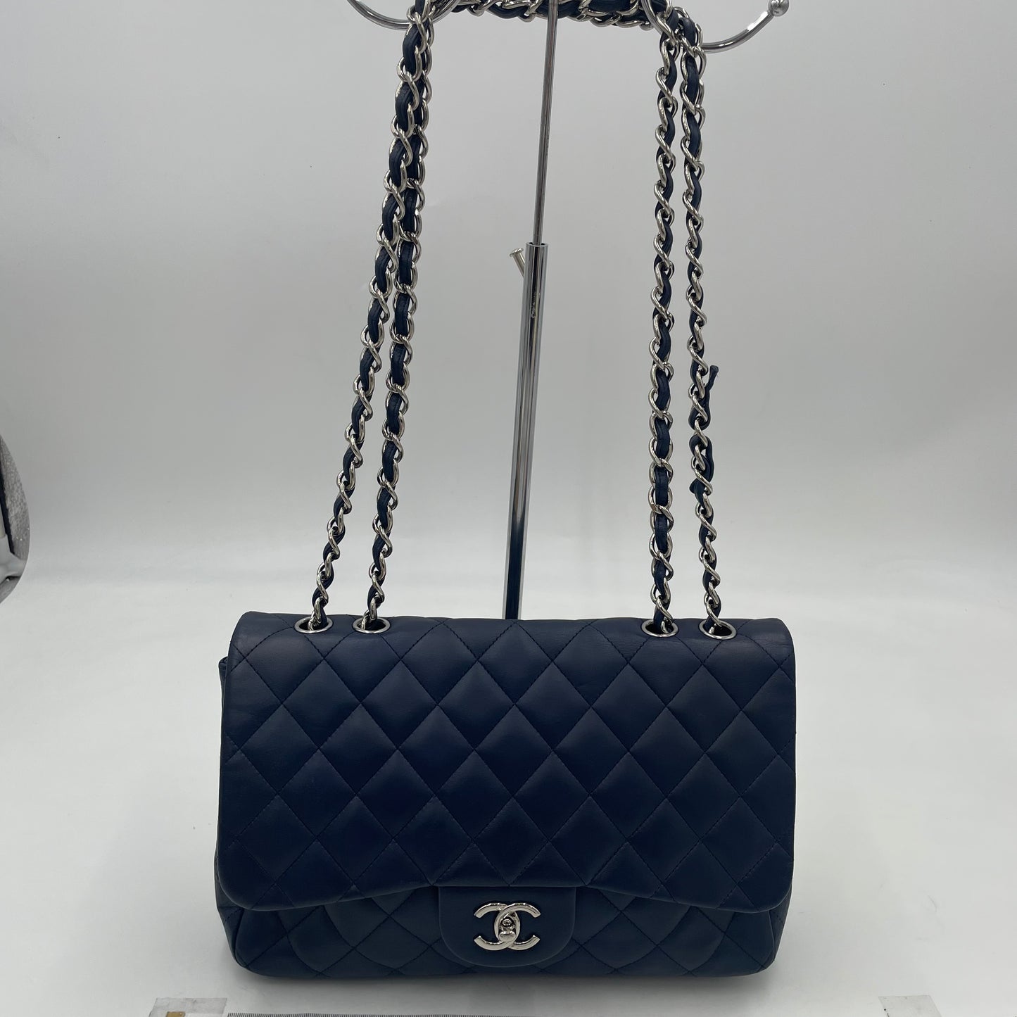 CHANEL Navy Blue Lambskin Single Flap Bag with Silver Hardware