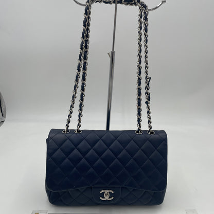 CHANEL Navy Blue Lambskin Single Flap Bag with Silver Hardware