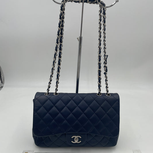 CHANEL Navy Blue Lambskin Single Flap Bag with Silver Hardware