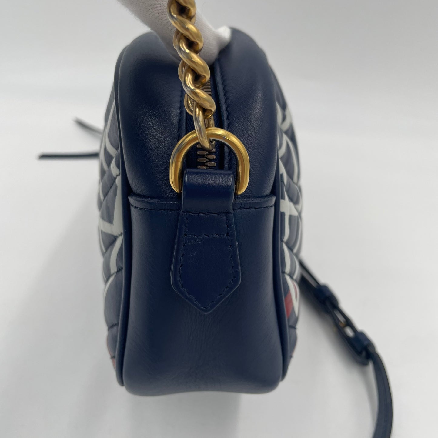 GUCCI GG Marmont Graffiti Print Camera Bag Blue Leather