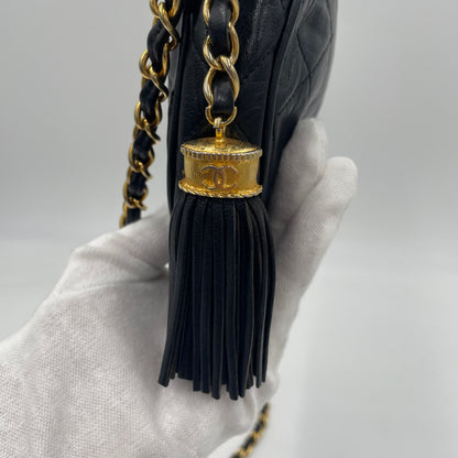 CHANEL Vintage Quilted Lambskin Round Tassel Chain Crossbody Bag Black
