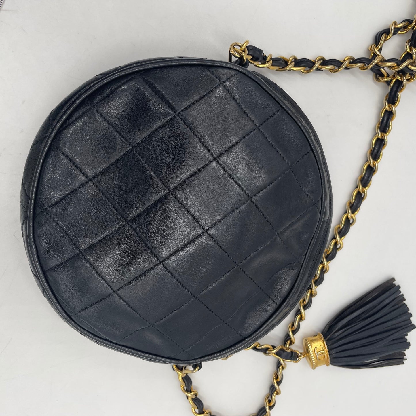 CHANEL Vintage Quilted Lambskin Round Tassel Chain Crossbody Bag Black