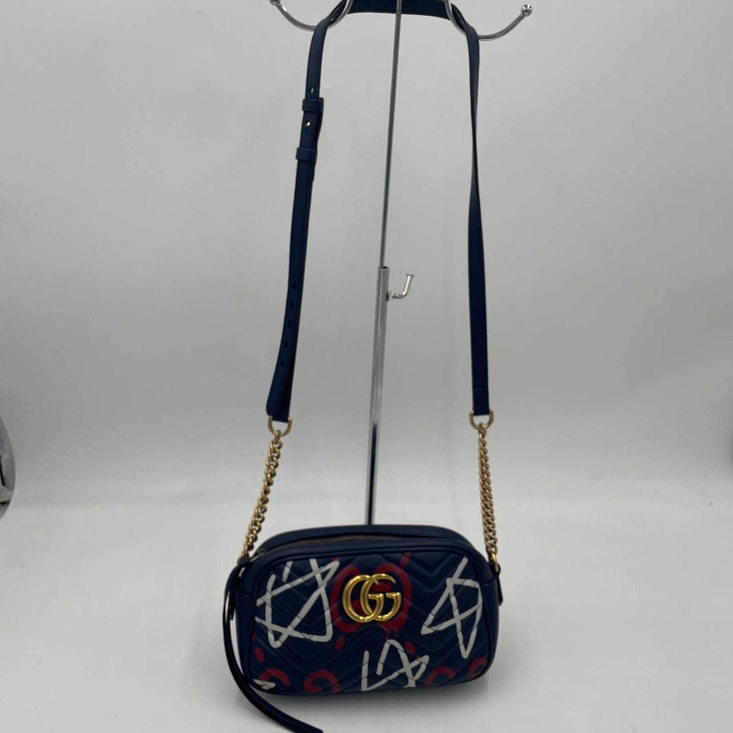 GUCCI GG Marmont Graffiti Print Camera Bag Blue Leather
