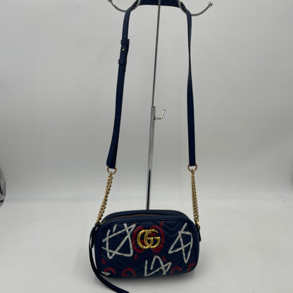 GUCCI GG Marmont Graffiti Print Camera Bag Blue Leather