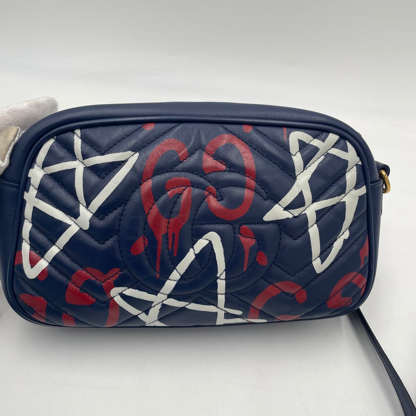GUCCI GG Marmont Graffiti Print Camera Bag Blue Leather