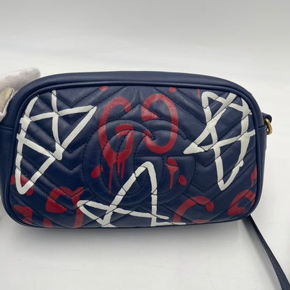 GUCCI GG Marmont Graffiti Print Camera Bag Blue Leather