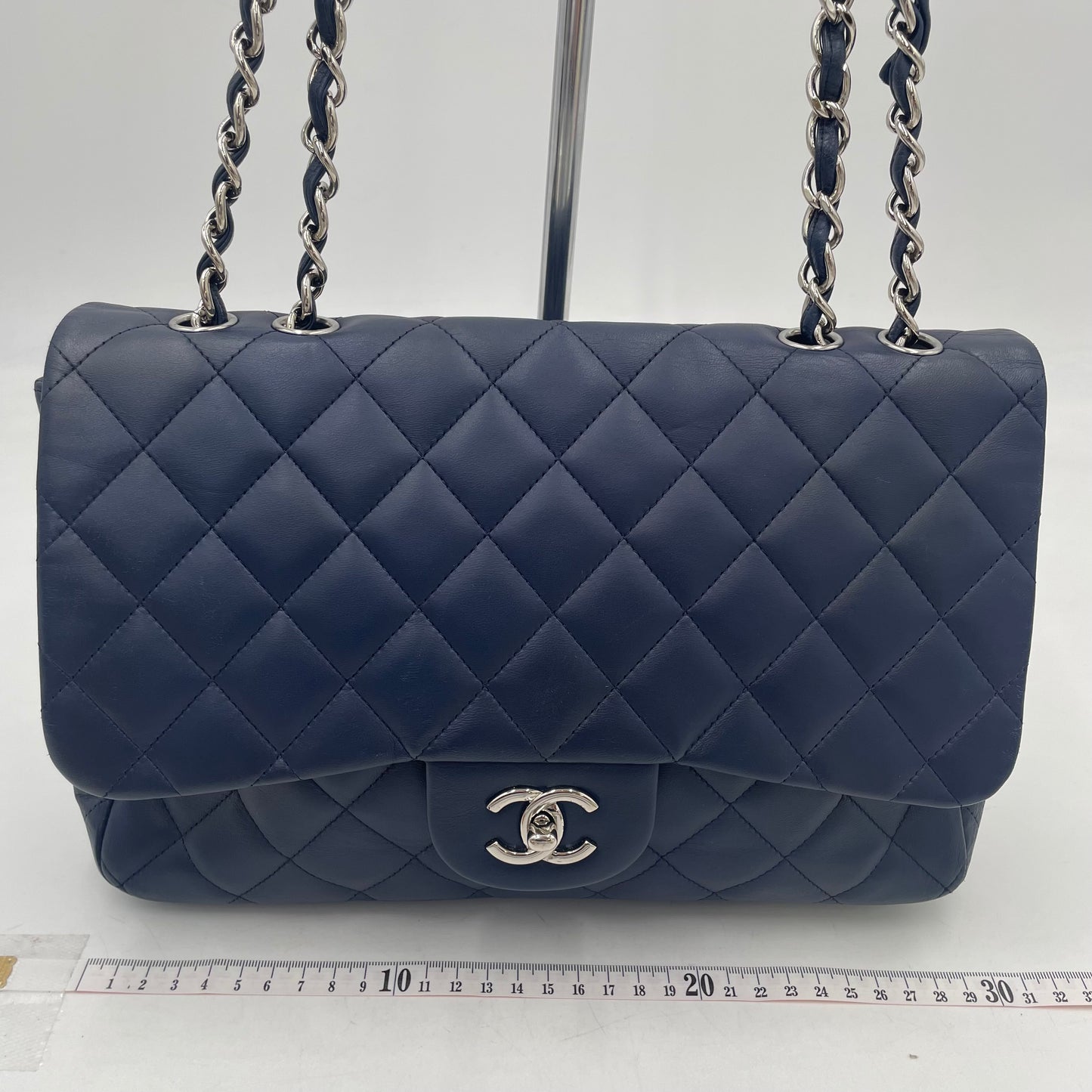 CHANEL Navy Blue Lambskin Single Flap Bag with Silver Hardware