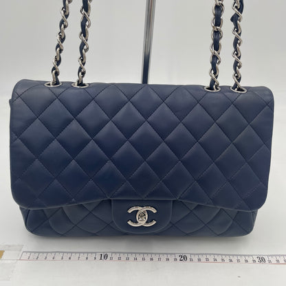 CHANEL Navy Blue Lambskin Single Flap Bag with Silver Hardware