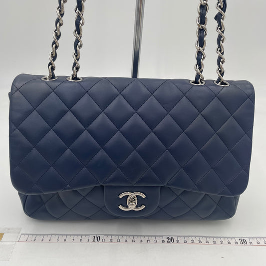 CHANEL Navy Blue Lambskin Single Flap Bag with Silver Hardware