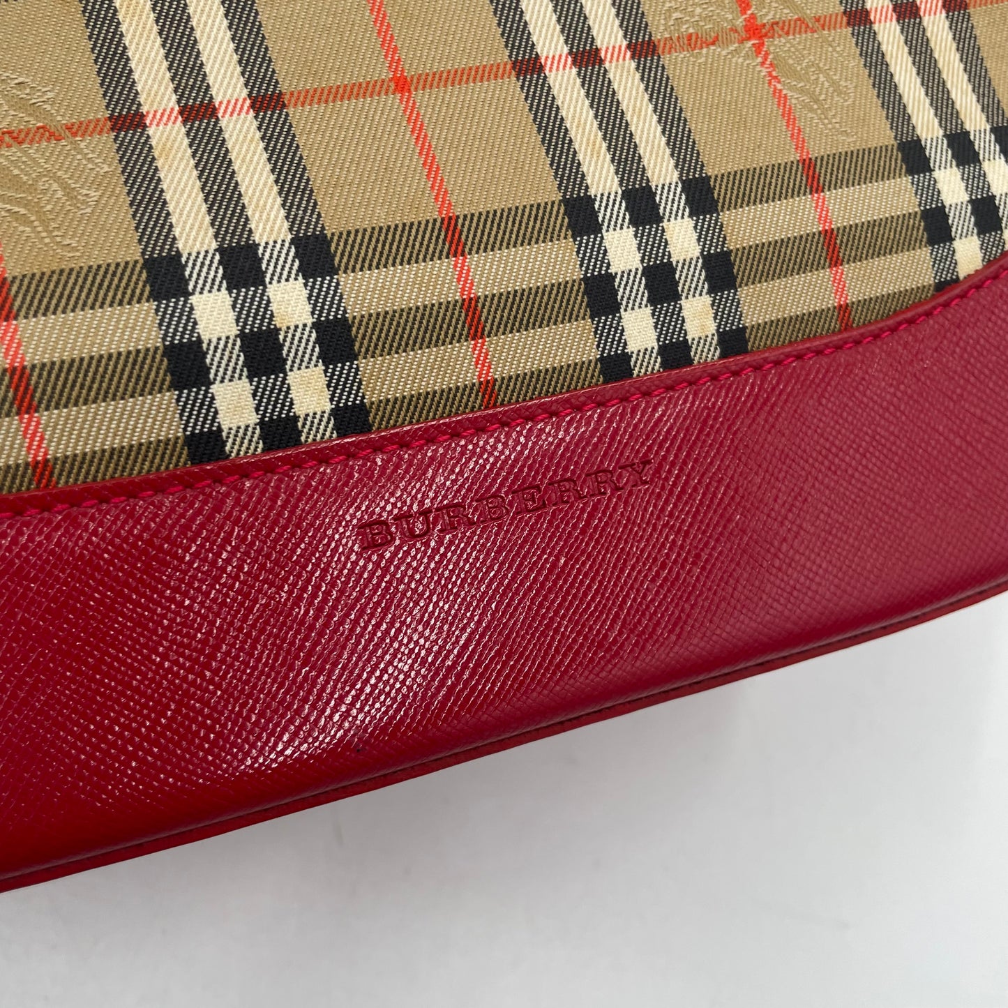 BURBERRY Nova Check Mini Shoulder Bag Red Leather Trim
