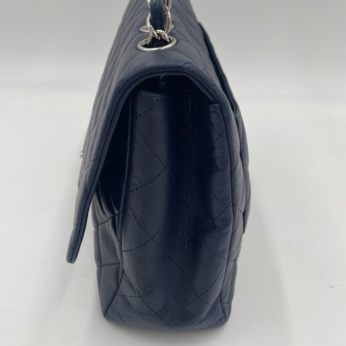 CHANEL Navy Blue Lambskin Single Flap Bag with Silver Hardware