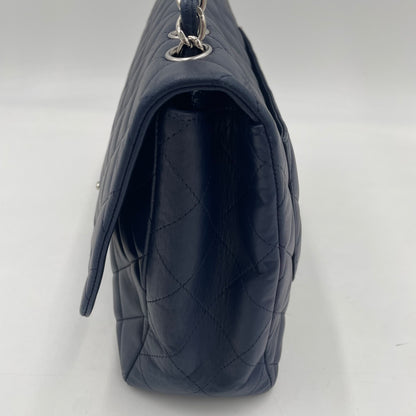 CHANEL Navy Blue Lambskin Single Flap Bag with Silver Hardware