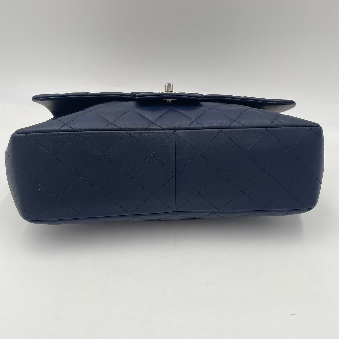 CHANEL Navy Blue Lambskin Single Flap Bag with Silver Hardware