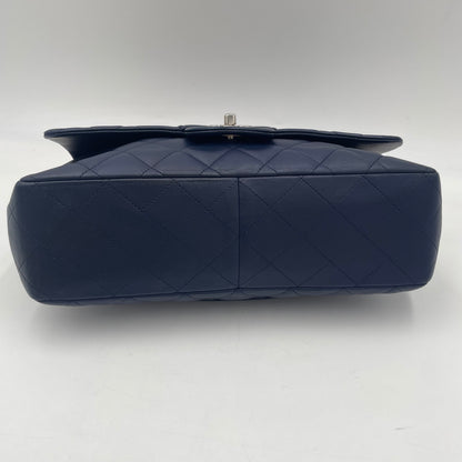 CHANEL Navy Blue Lambskin Single Flap Bag with Silver Hardware