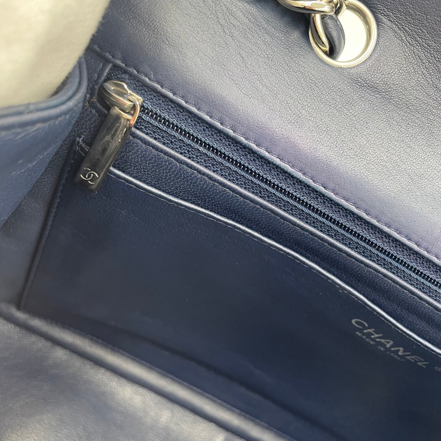 CHANEL Navy Blue Lambskin Single Flap Bag with Silver Hardware