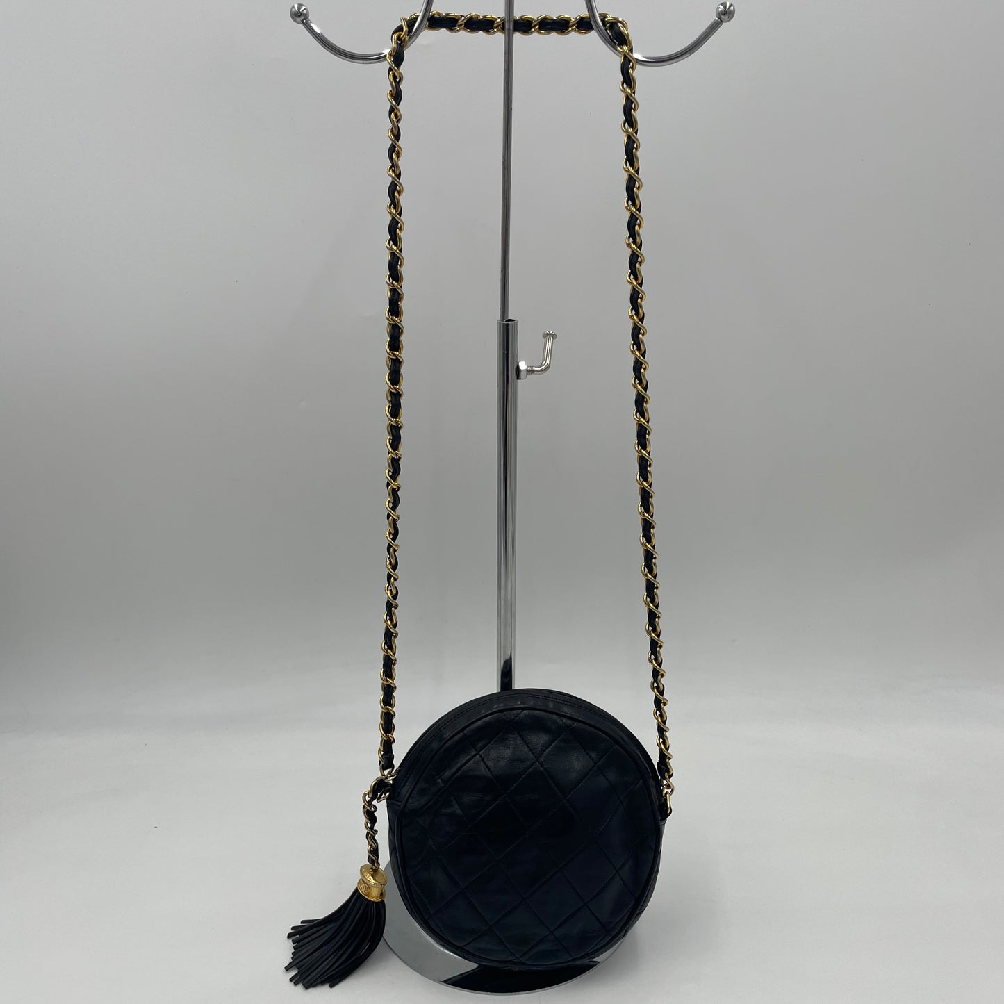 CHANEL Vintage Quilted Lambskin Round Tassel Chain Crossbody Bag Black