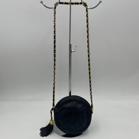 CHANEL Vintage Quilted Lambskin Round Tassel Chain Crossbody Bag Black