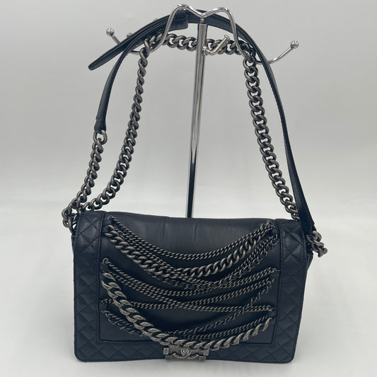 CHANEL Boy Chanel Lambskin Chain Shoulder Bag Black with Gunmetal