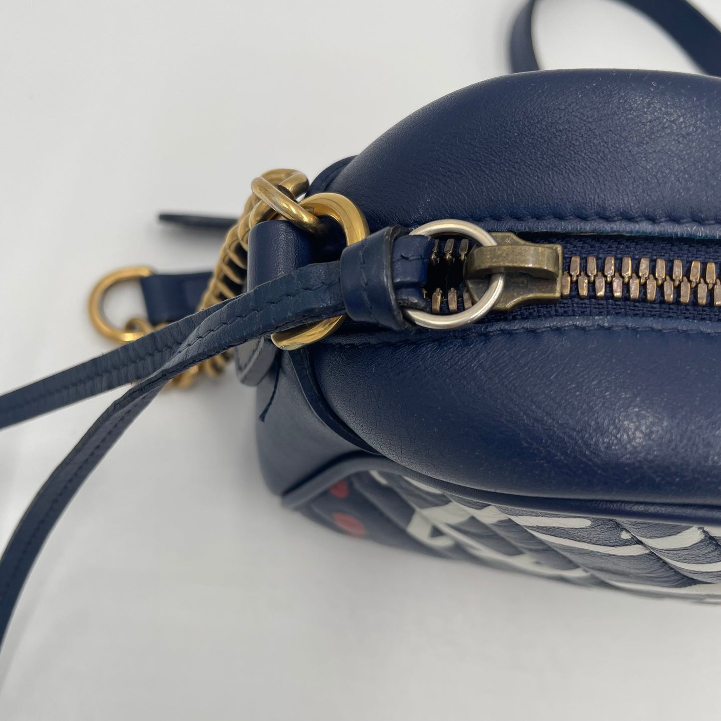 GUCCI GG Marmont Graffiti Print Camera Bag Blue Leather