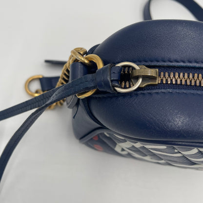 GUCCI GG Marmont Graffiti Print Camera Bag Blue Leather