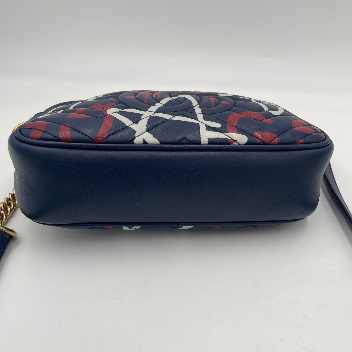 GUCCI GG Marmont Graffiti Print Camera Bag Blue Leather
