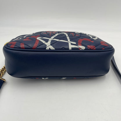 GUCCI GG Marmont Graffiti Print Camera Bag Blue Leather